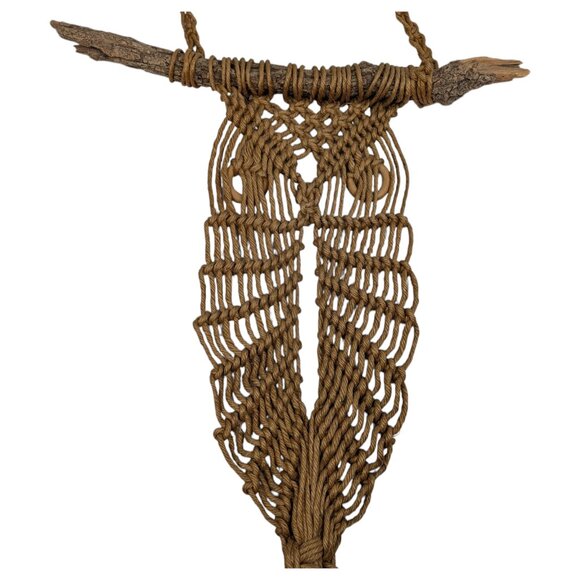 Vtg Boho 70s Handmade Macrame Owl Wall Hanging Jute Driftwood Hippie Rope Art - Picture 6 of 10